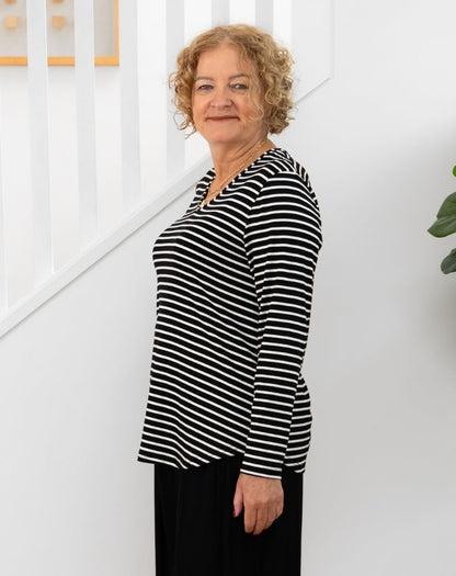 Laney V Neck Tee - Black/White Stripe