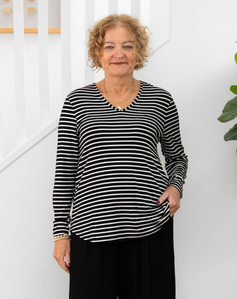 Laney V Neck Tee - Black/White Stripe