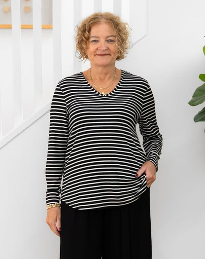 Laney V Neck Tee - Black/White Stripe