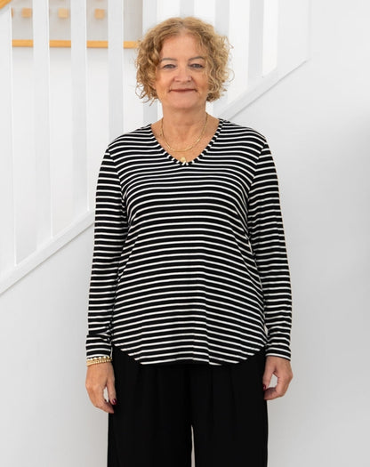 Laney V Neck Tee - Black/White Stripe