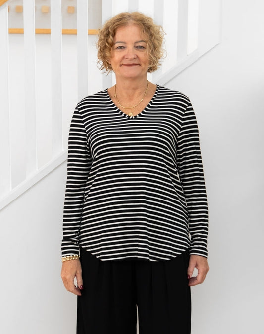 Laney V Neck Tee - Black/White Stripe