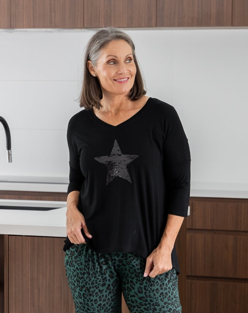 V Neck Sequin 3/4 Sleeve Tee - Black