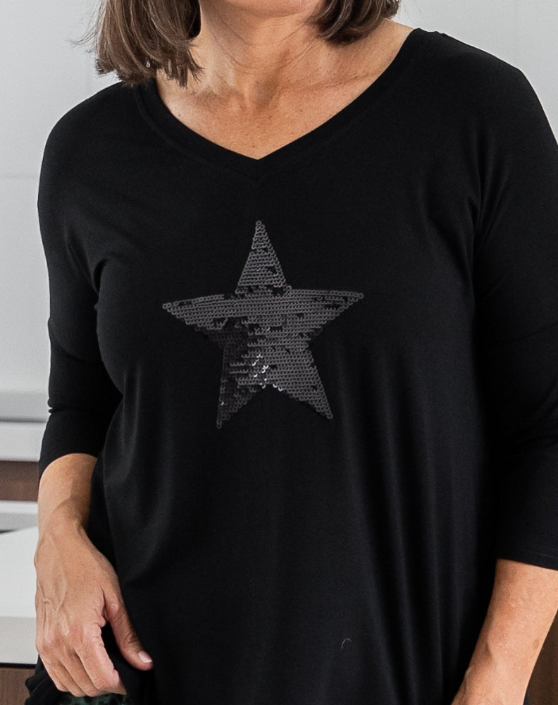 V Neck Sequin 3/4 Sleeve Tee - Black