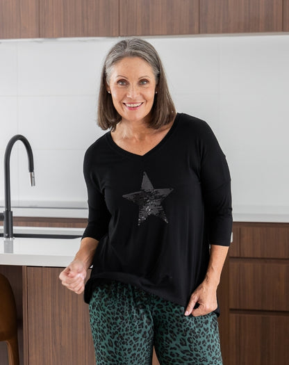 V Neck Sequin 3/4 Sleeve Tee - Black