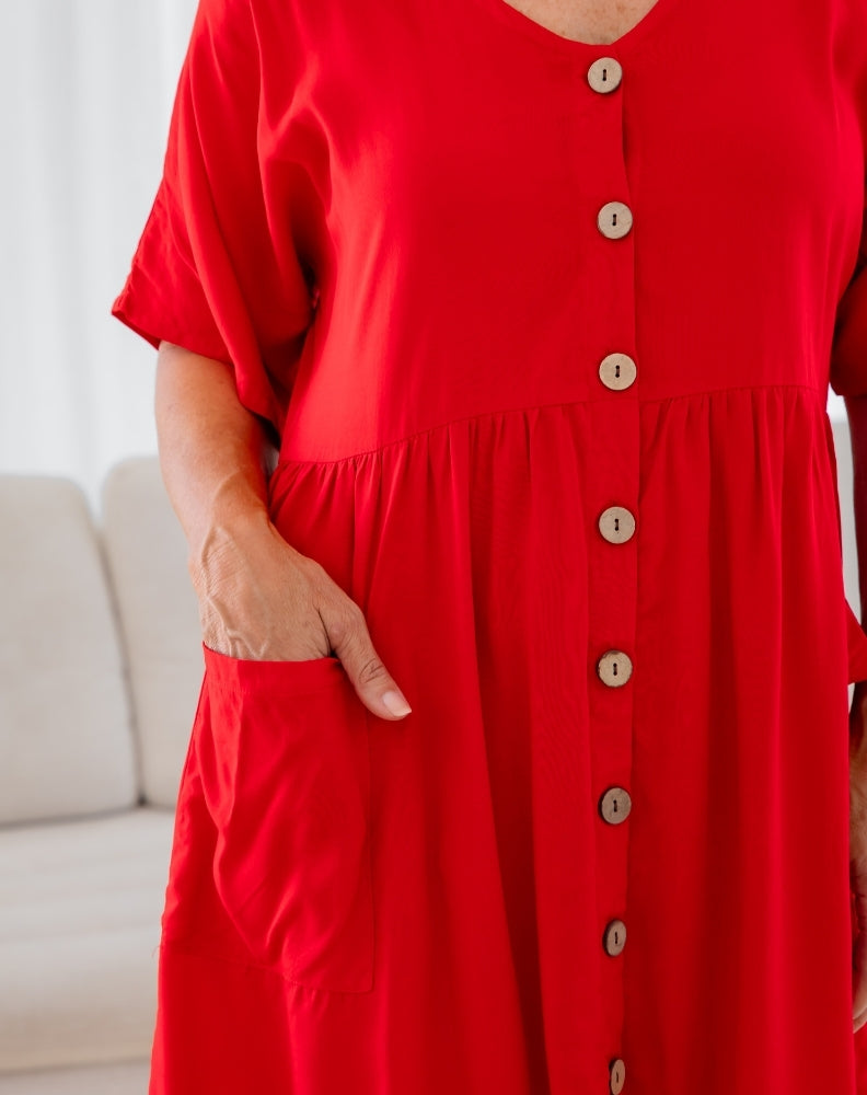 Pocket BabyDoll Dress -Red
