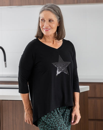 V Neck Sequin 3/4 Sleeve Tee - Black