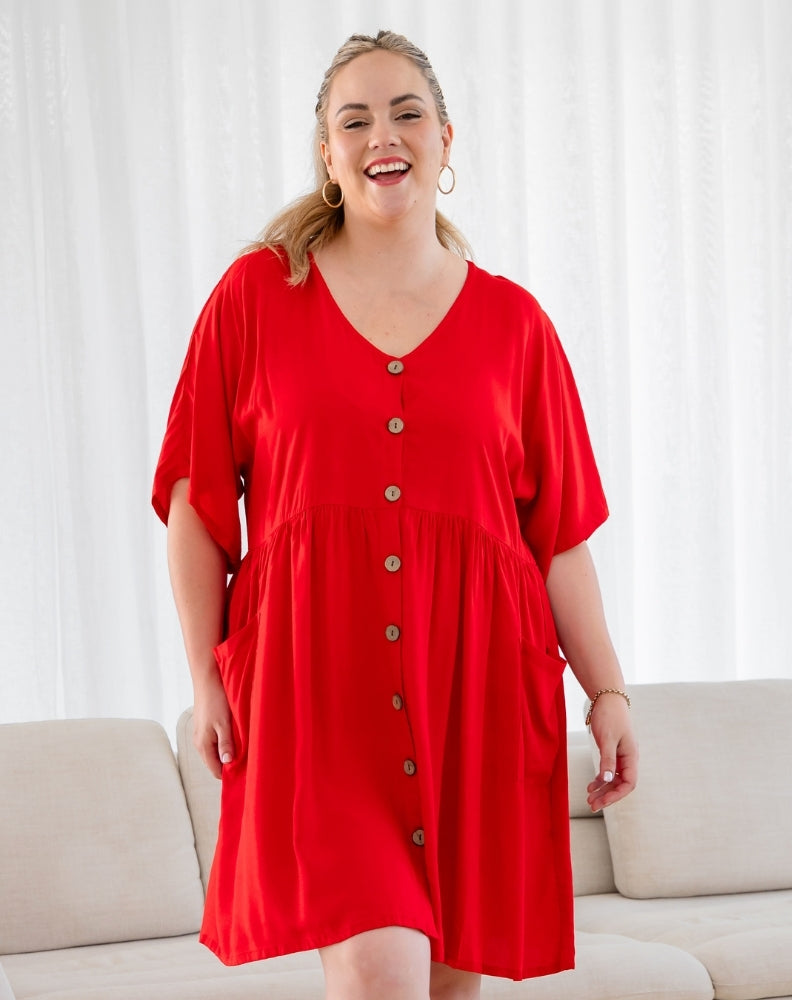 Pocket BabyDoll Dress -Red