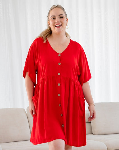 Pocket BabyDoll Dress -Red