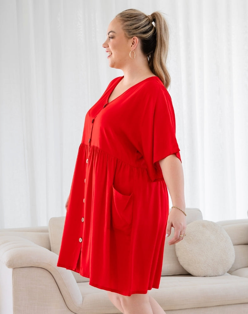 Pocket BabyDoll Dress -Red