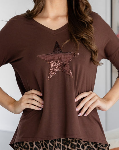 V Neck Sequin 3/4 Sleeve Tee - Chocolate