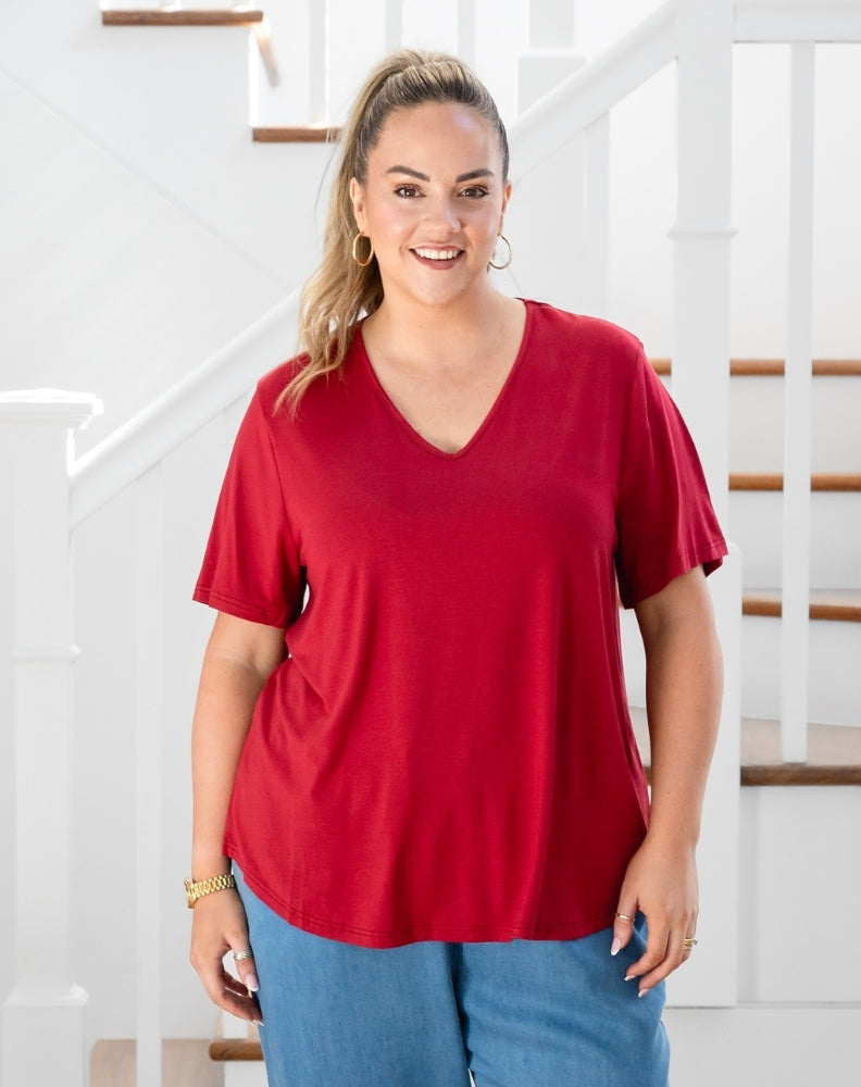 Elena V-Neck Tee - Wine