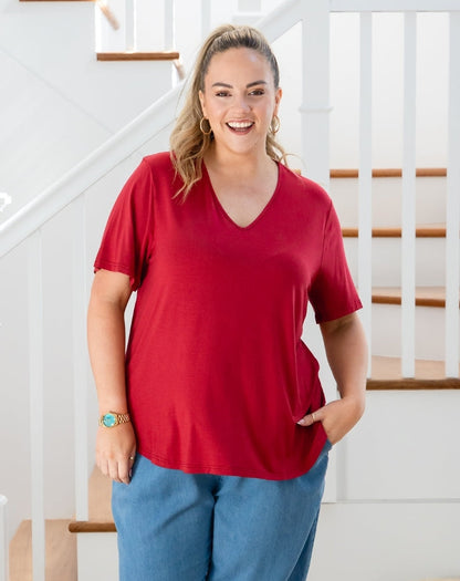 Elena V-Neck Tee - Wine