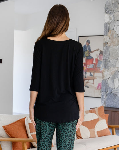 V Neck Sequin 3/4 Sleeve Tee - Black