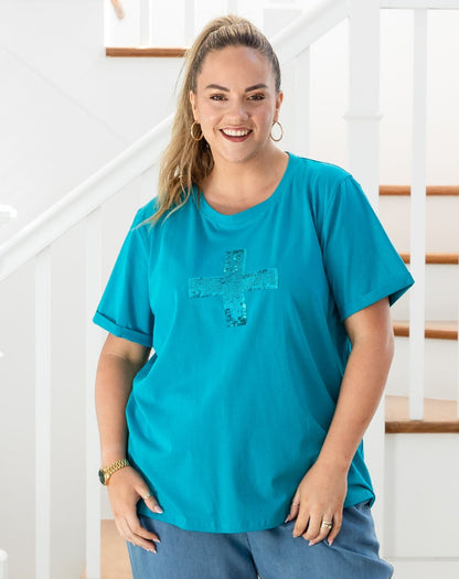 Cross Sequin Tee - Blue