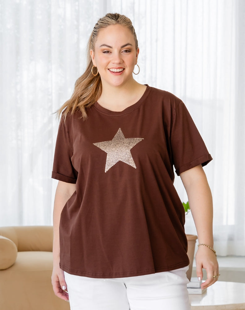 Star Sequin Tee - Coffee