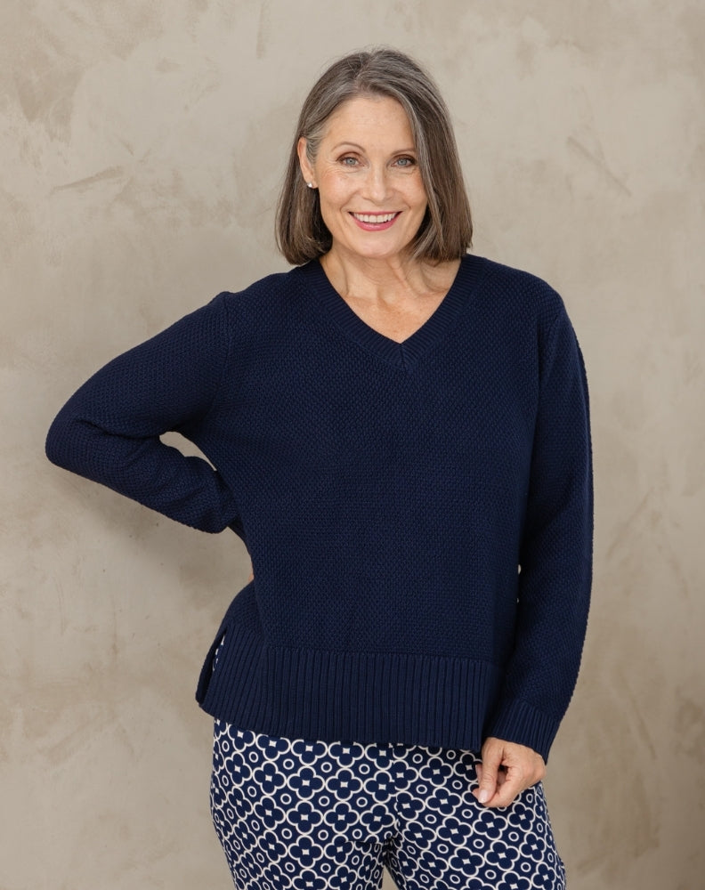 V Neck Maple Cotton Knit - Navy