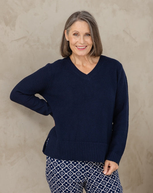 V Neck Maple Cotton Knit - Navy