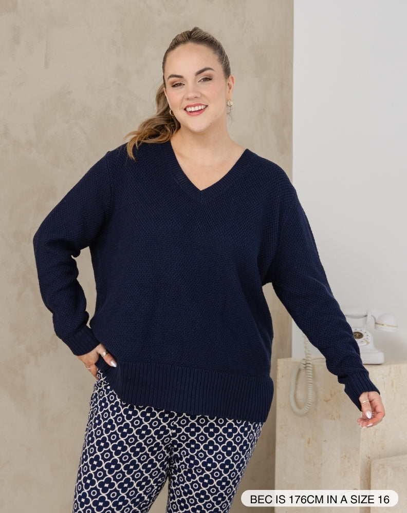 V Neck Maple Cotton Knit - Navy
