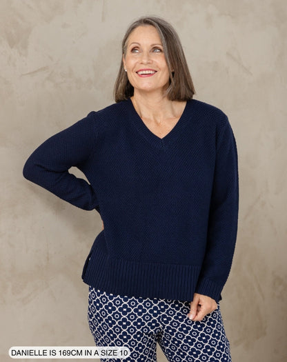V Neck Maple Cotton Knit - Navy