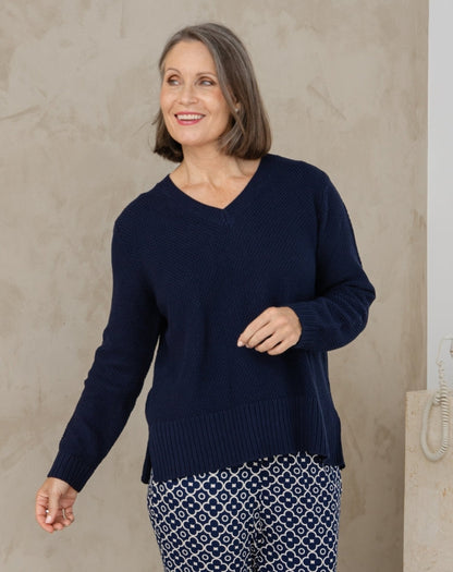 V Neck Maple Cotton Knit - Navy