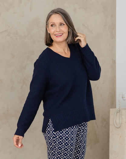 V Neck Maple Cotton Knit - Navy