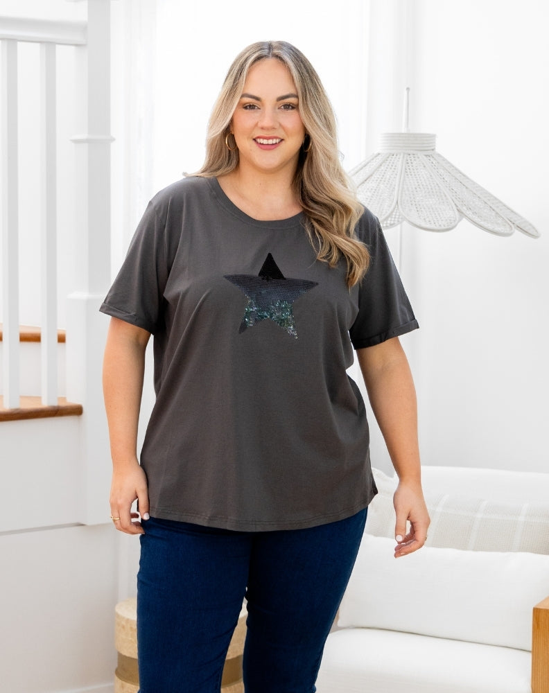 Star Sequin Tee - Charcoal