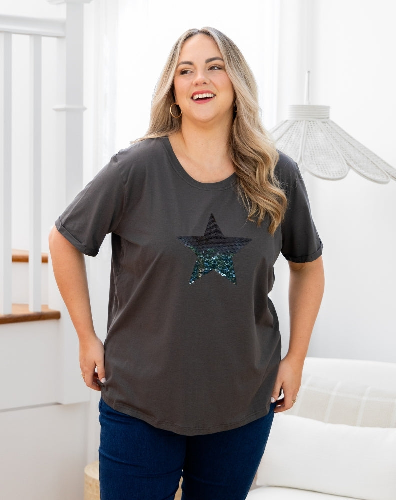 Star Sequin Tee - Charcoal