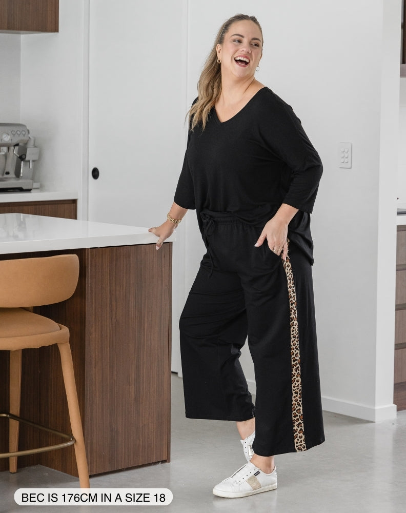 Leopard Trim Pant - Black