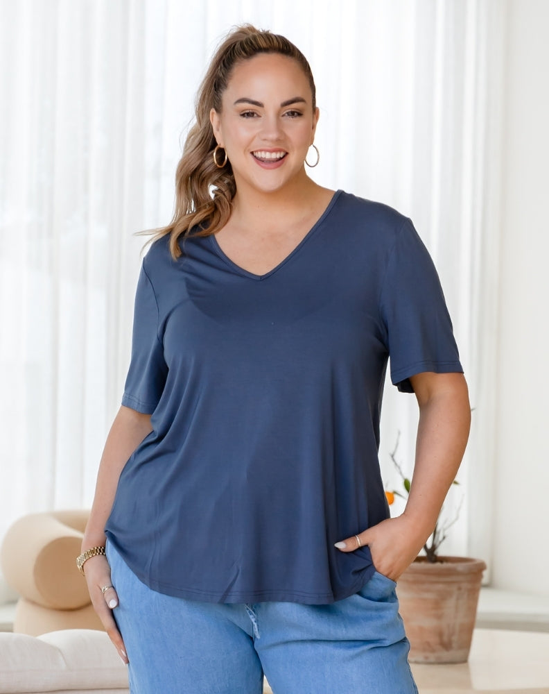 Elena V-Neck Tee - Denim