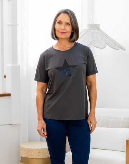 Star Sequin Tee - Charcoal