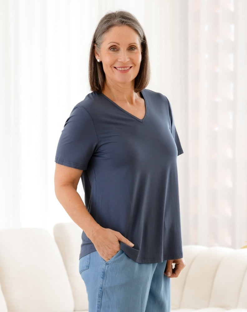 Elena V-Neck Tee - Denim
