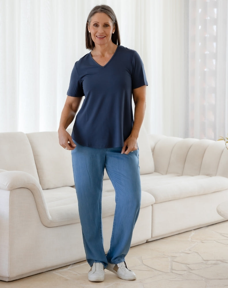 Elena V-Neck Tee - Denim