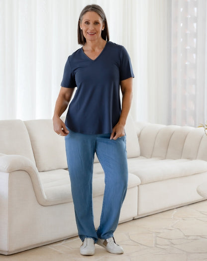 Elena V-Neck Tee - Denim