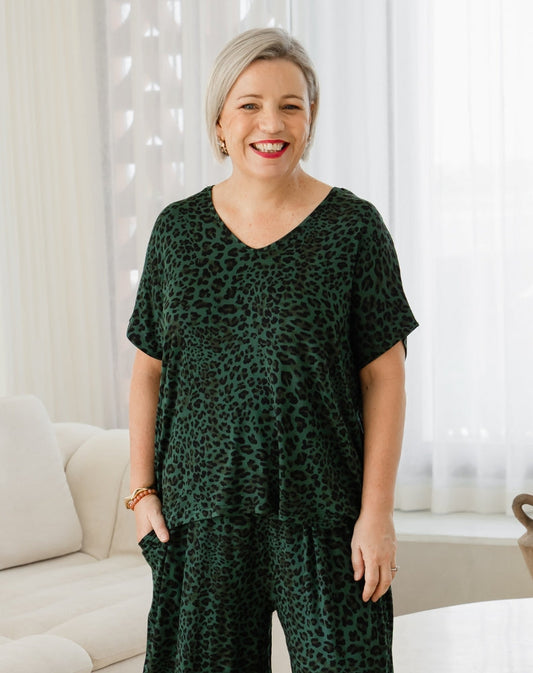 Hazel Top - Green Leopard