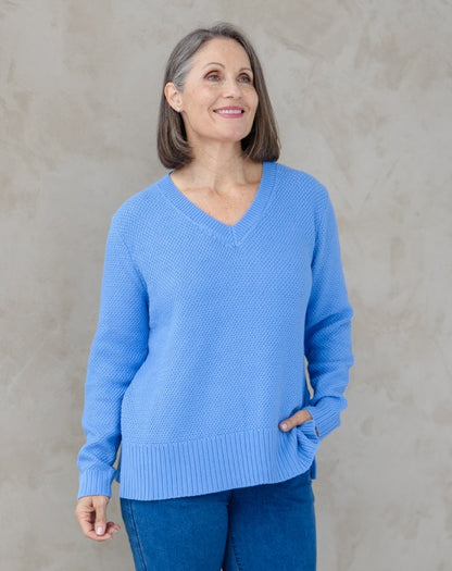 V Neck Maple Cotton Knit - Sky