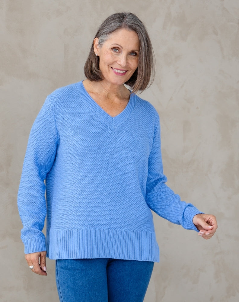 V Neck Maple Cotton Knit - Sky