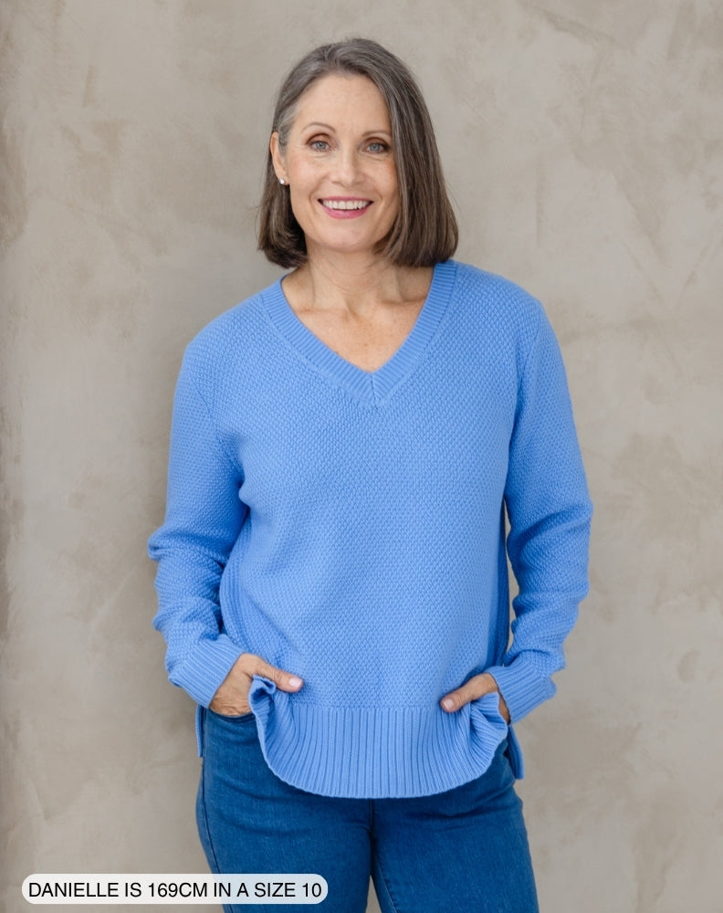V Neck Maple Cotton Knit - Sky