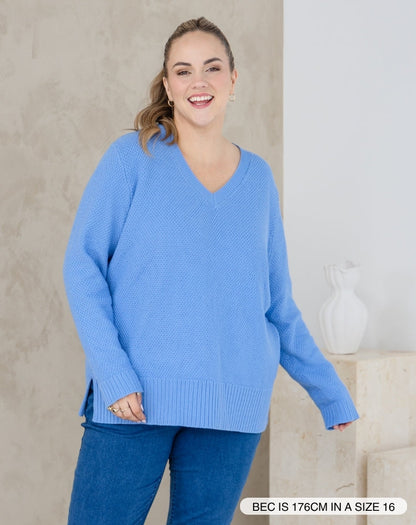 V Neck Maple Cotton Knit - Sky