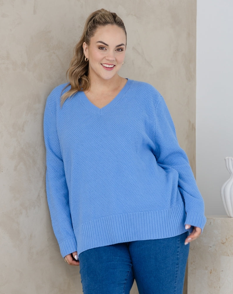 V Neck Maple Cotton Knit - Sky