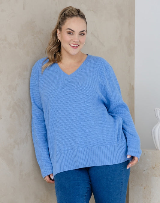 V Neck Maple Cotton Knit - Sky