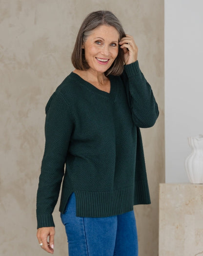 V Neck Maple Cotton Knit -Evergreen