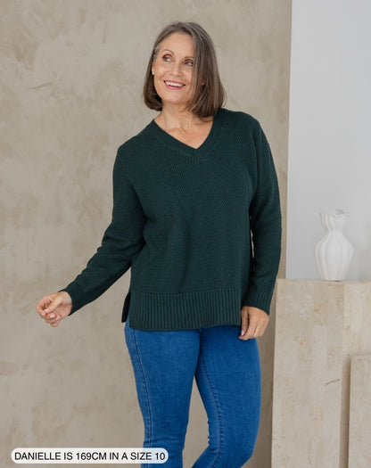 V Neck Maple Cotton Knit -Evergreen