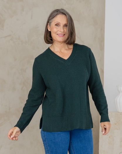 V Neck Maple Cotton Knit -Evergreen