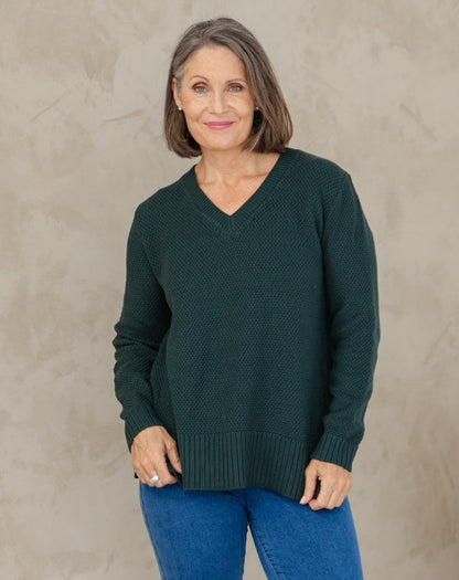 V Neck Maple Cotton Knit -Evergreen