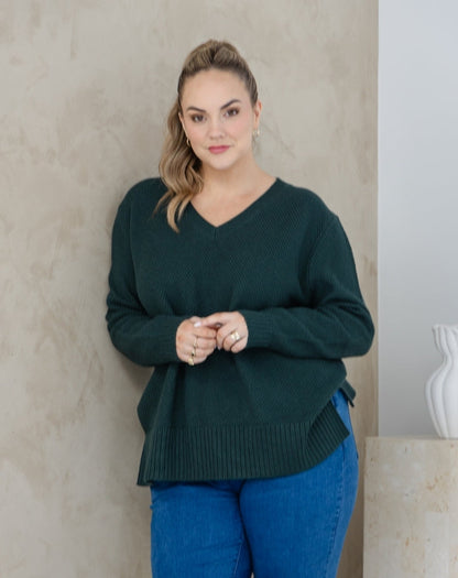 V Neck Maple Cotton Knit -Evergreen