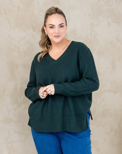 V Neck Maple Cotton Knit -Evergreen