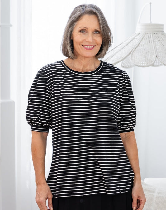 Phoebe Puff Sleeve Tee - Black Stripe
