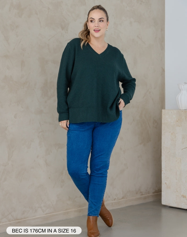 V Neck Maple Cotton Knit -Evergreen
