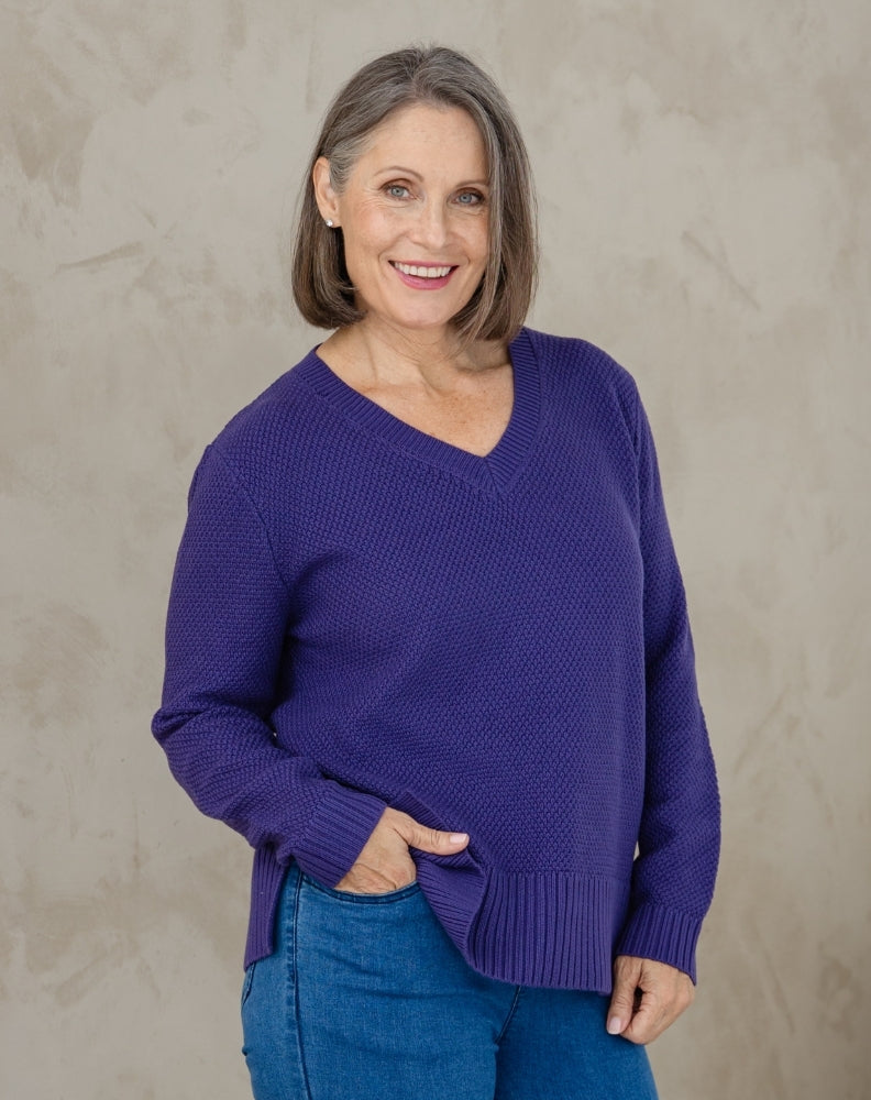 V Neck Maple Cotton Knit - Mulberry
