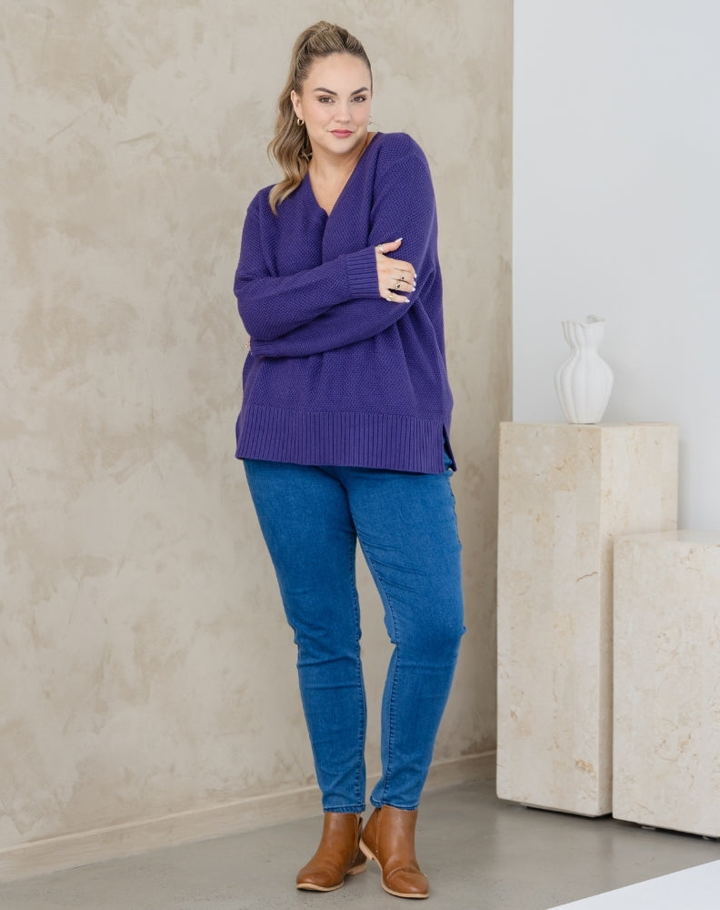 V Neck Maple Cotton Knit - Mulberry